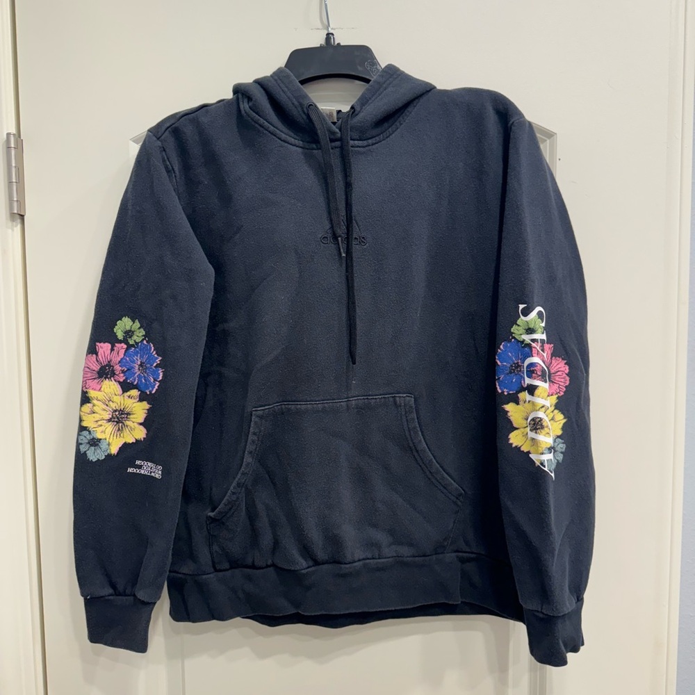 ADIDAS Black Floral Hoodie Pullover Sweat Shirt Printed Sleeves Women's Size L